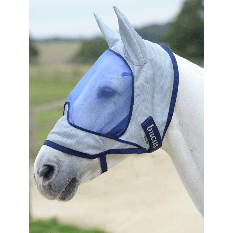 Masque Anti-Mouches Bucas Buzz-Off Deluxe Avec Oreilles - Protection UV Et Insectes Pour Cheval - Taille 145/L Bleu